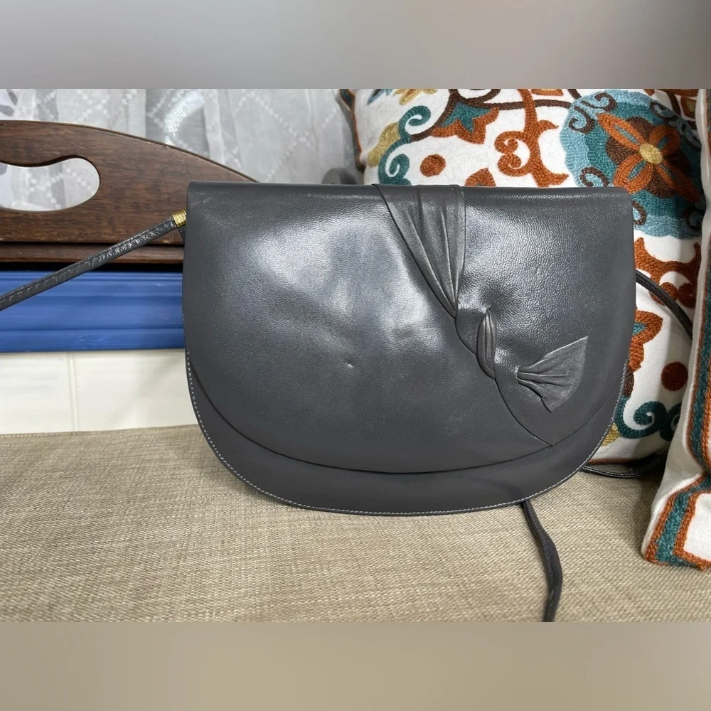 Vintage Gray Leather Purse Crossbody Bow Decor Shoulder Bag